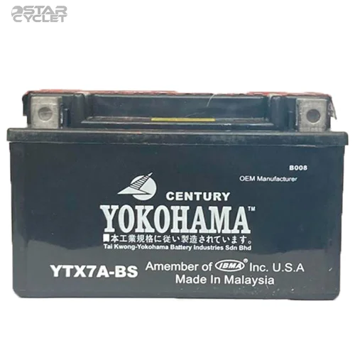 باتری موتور سیکلت یوکوهاما مدل 12V 7A کوتاه مناسب طرح کلیک، کاوان، فیدل و بنلی ستا