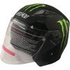 The کلاه کاسکت دی ای وان مدل 402BM is a black motorcycle helmet with a clear visor, bright green Monster Energy claw logos, and white SF1 text on the side. Care and cleaning instructions are printed on the visor.