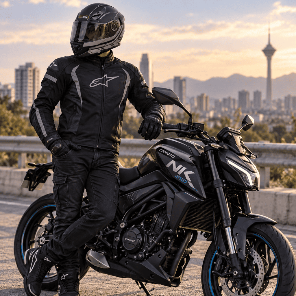 model wearing helmet