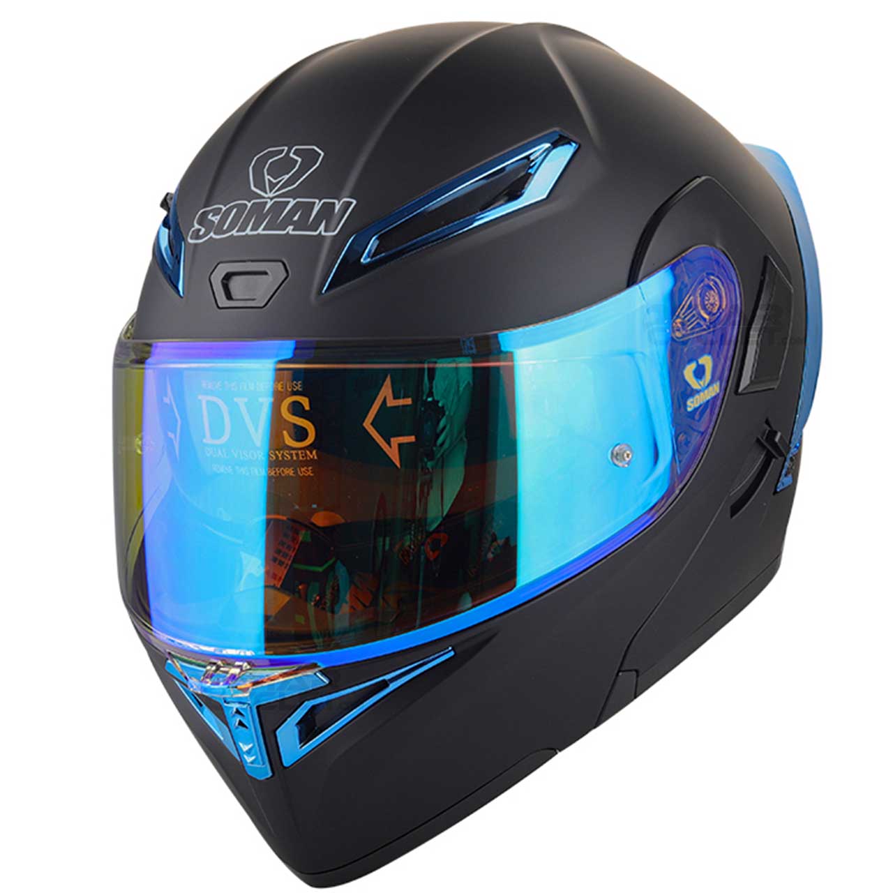 کیفیت کلاه کاسکت فک متحرک SOMAN مدل 955 MATT-BLACK-ELECTROPLATED-BLUE