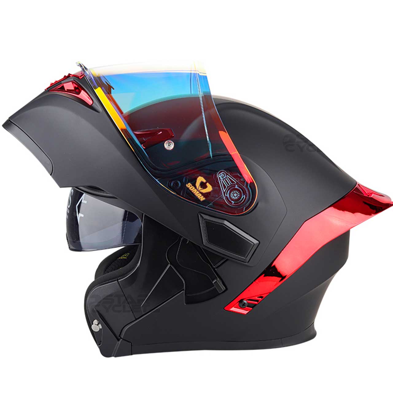 بررسی کلاه کاسکت فک متحرک SOMAN مدل 955 MATT-BLACK-ELECTROPLATED-RED