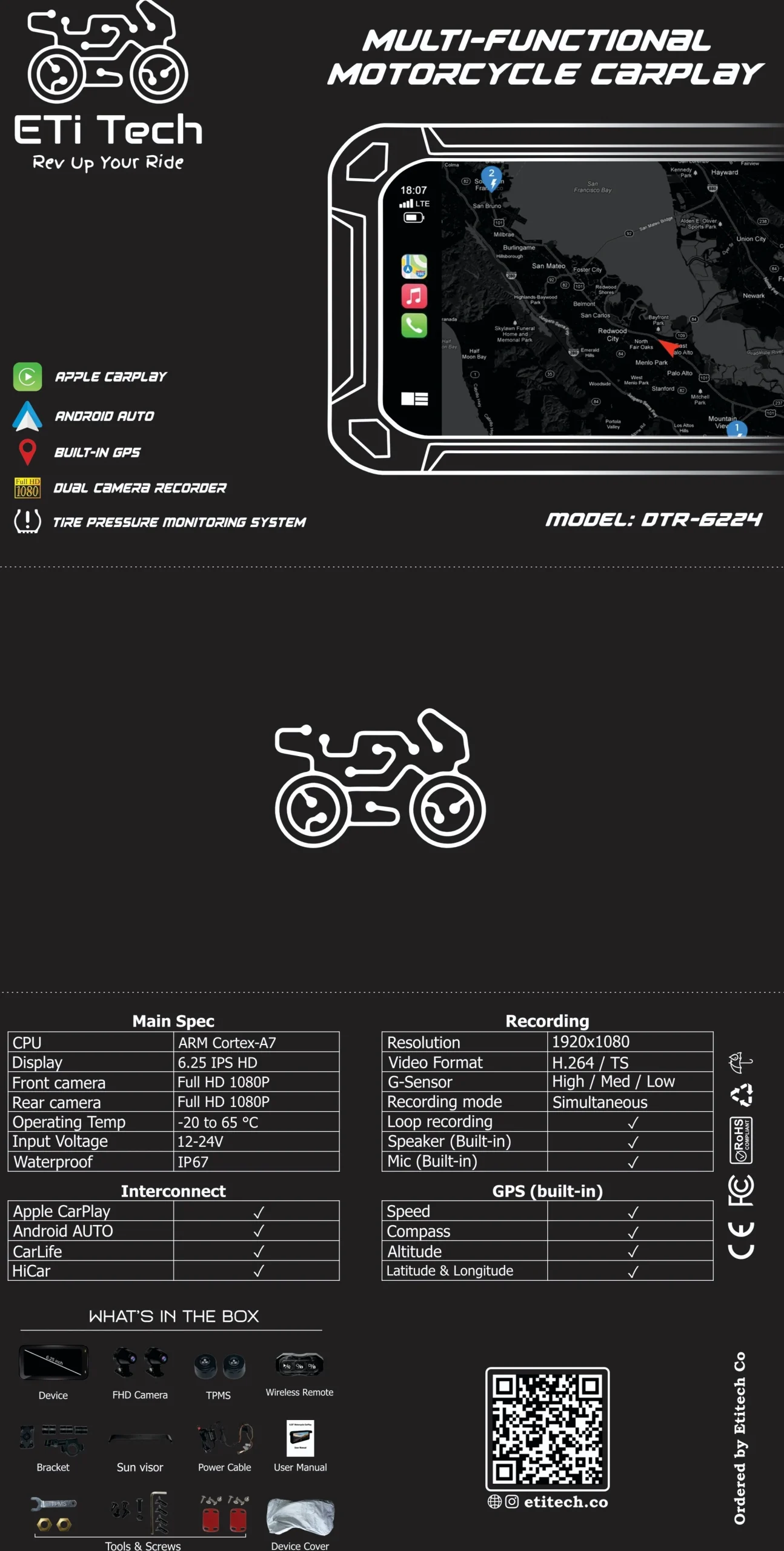 جعبه کارپلی ETI TECH مدل DTR-6224 مناسب برای موتورهای ادونچری
