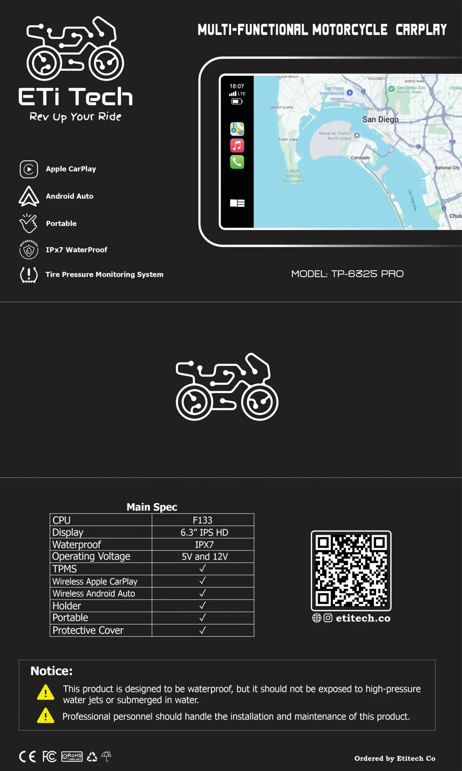 اطلاعات کارپلی ETI TECH مدل TP-6325 PRO مناسب برای موتورهای ادونچری