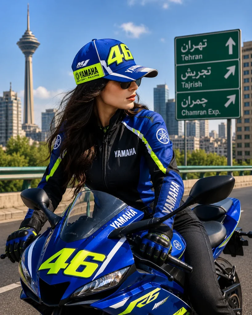 موتورسواری با کلاه نقاب دار یاماها مدل BLUE GREEN