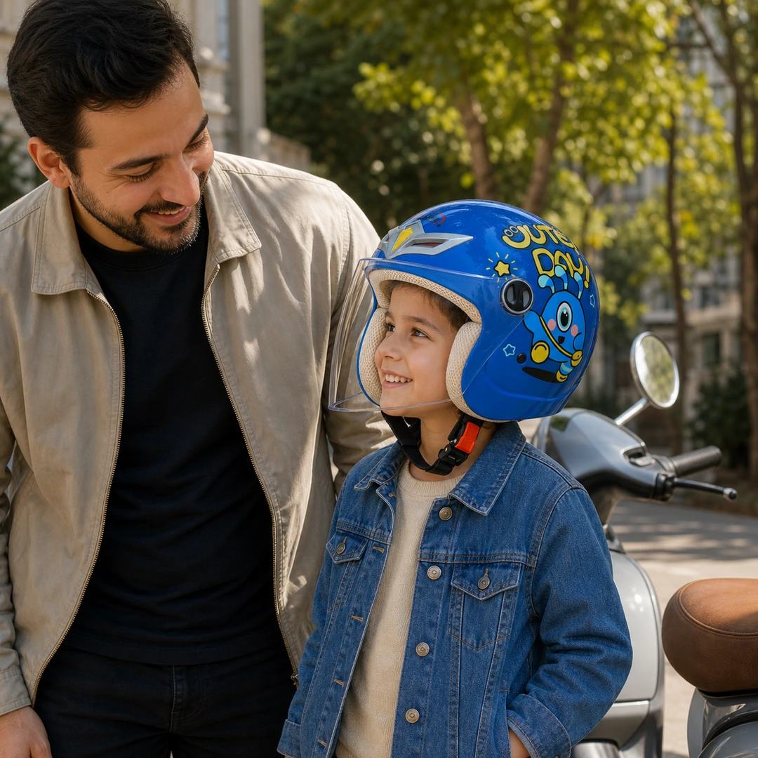 کودک با کلاه کاسکت ردلاین مدل 7-908 آبی در فضای شهری ایران