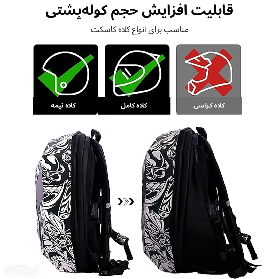 عکس کوله پشتی LOY مدل دو چشمی چراغدار اپلیکشن دار Black and white painting