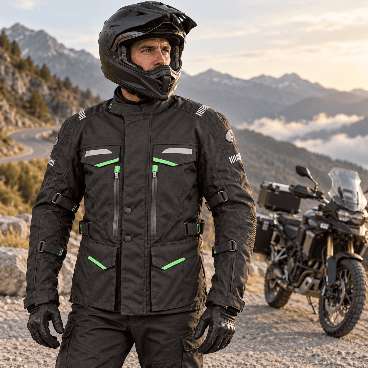 نمونه کاپشن چهارفصل موتورسواری استیت مدل تورینگ توراگ BLACK GREEN